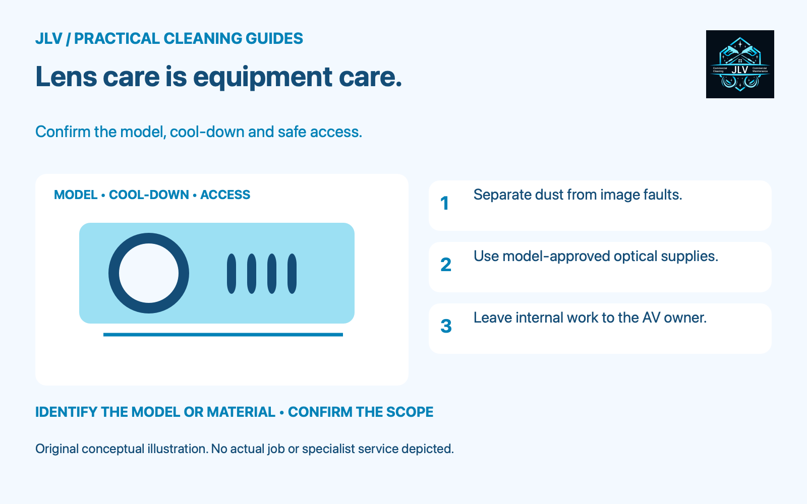 A projector diagram highlights the lens and model, cool-down and access checks.