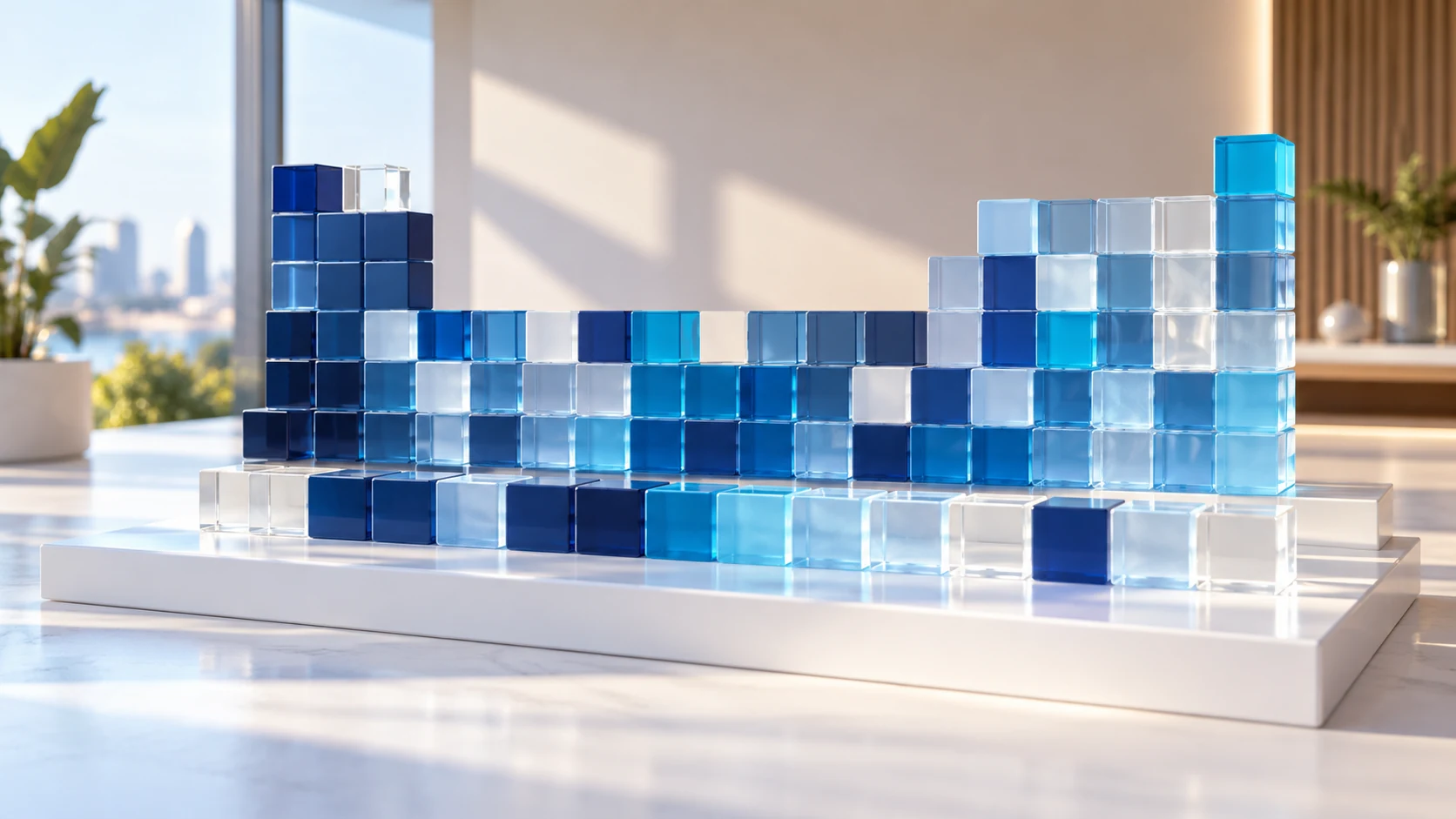 Stepped rows of blue and translucent square blocks include deliberate empty spaces on a white base.