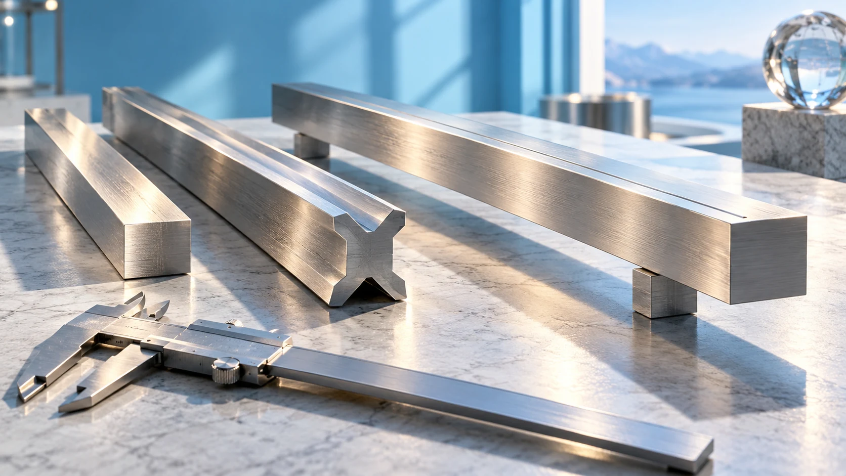 Precision metal bars and a caliper rest on a pale surface, their edges casting long clean shadows.