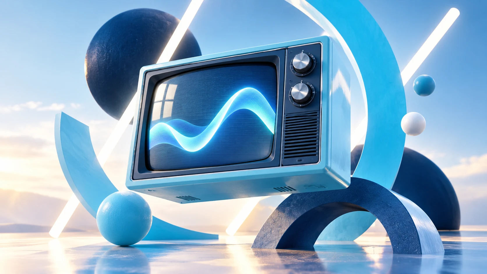 A pale-blue vintage television sits among curved blue forms and white light bars, showing an abstract waveform.