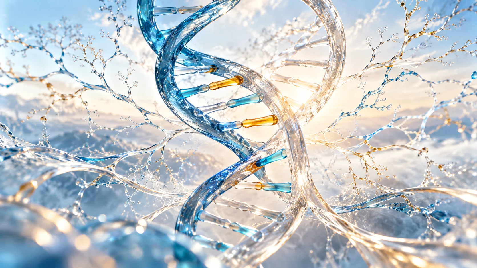 A translucent blue-and-clear DNA double helix with amber segments rises amid delicate branching glass connections.