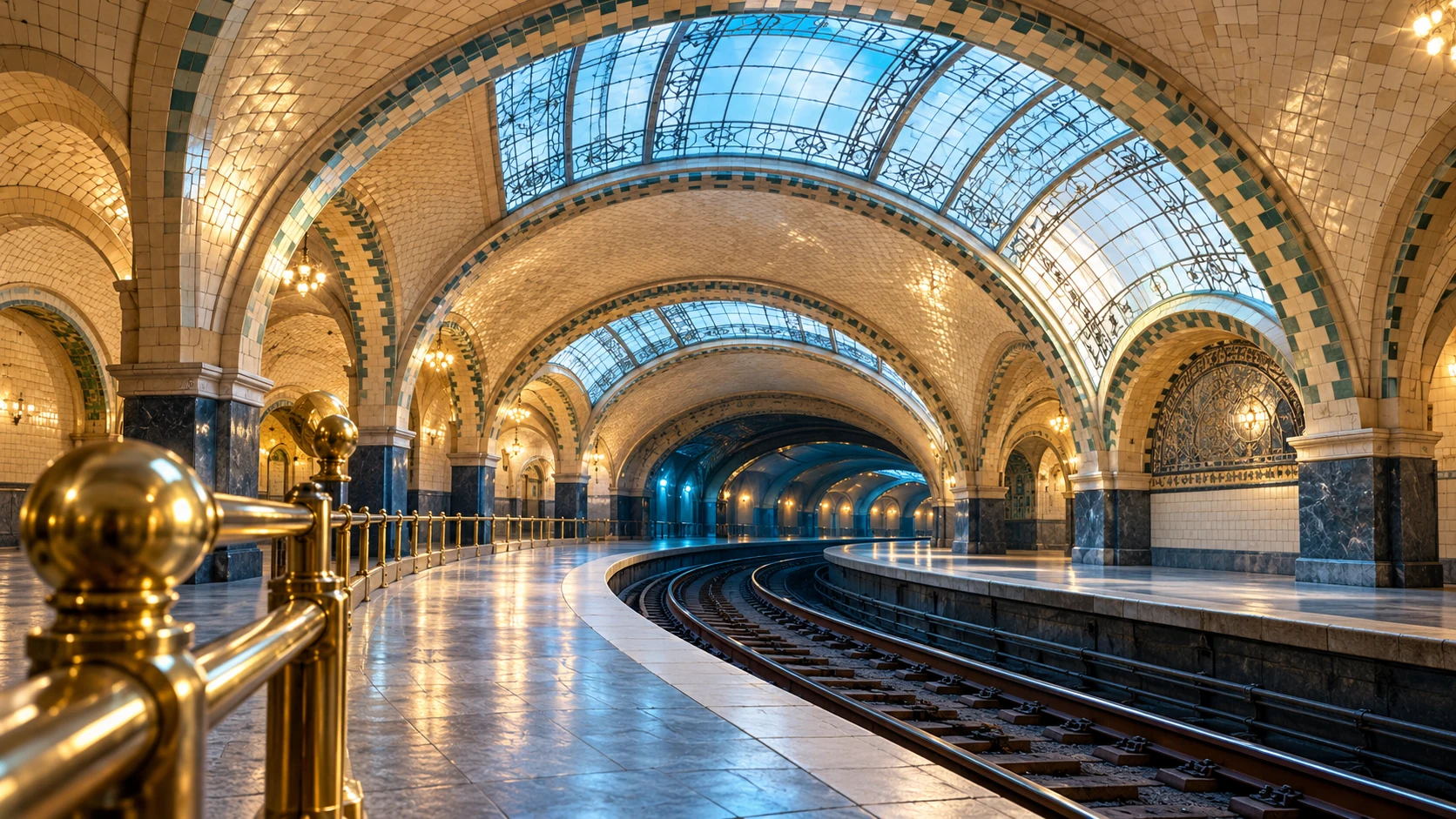A brass rail curves beside subway tracks beneath luminous tiled arches and blue skylights.