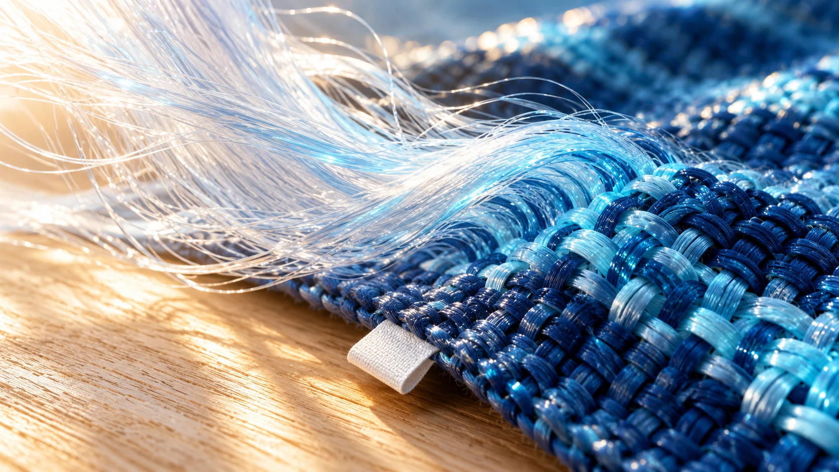 Fine translucent synthetic filaments flow into a richly textured blue woven fabric in warm daylight.