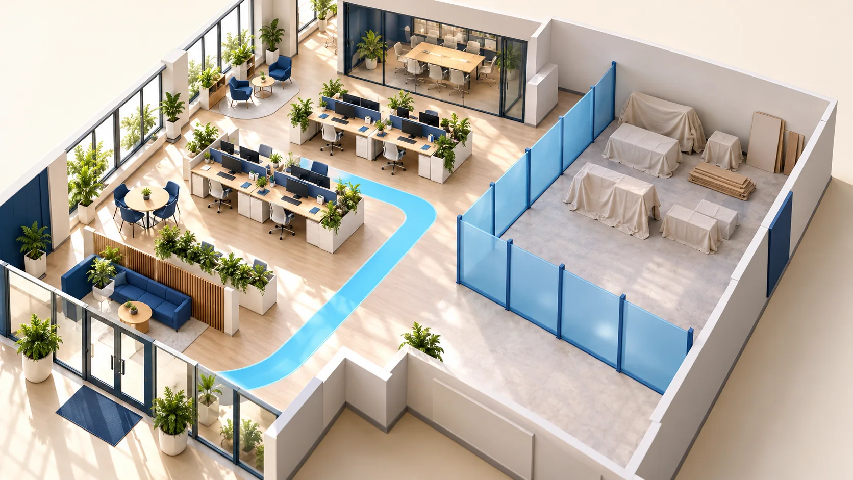 Office floor-plan model with occupied workspaces, a separate renovation zone, and a blue route.
