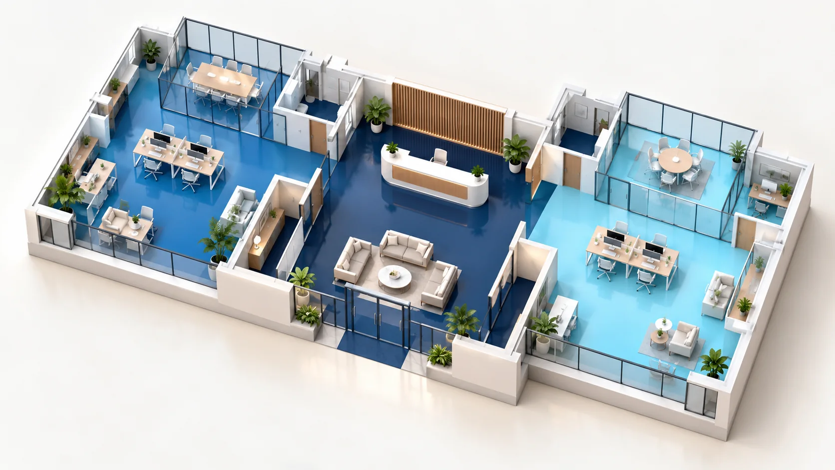 Cutaway of a shared office lobby and two tenant suites, distinguished by translucent blue zones.