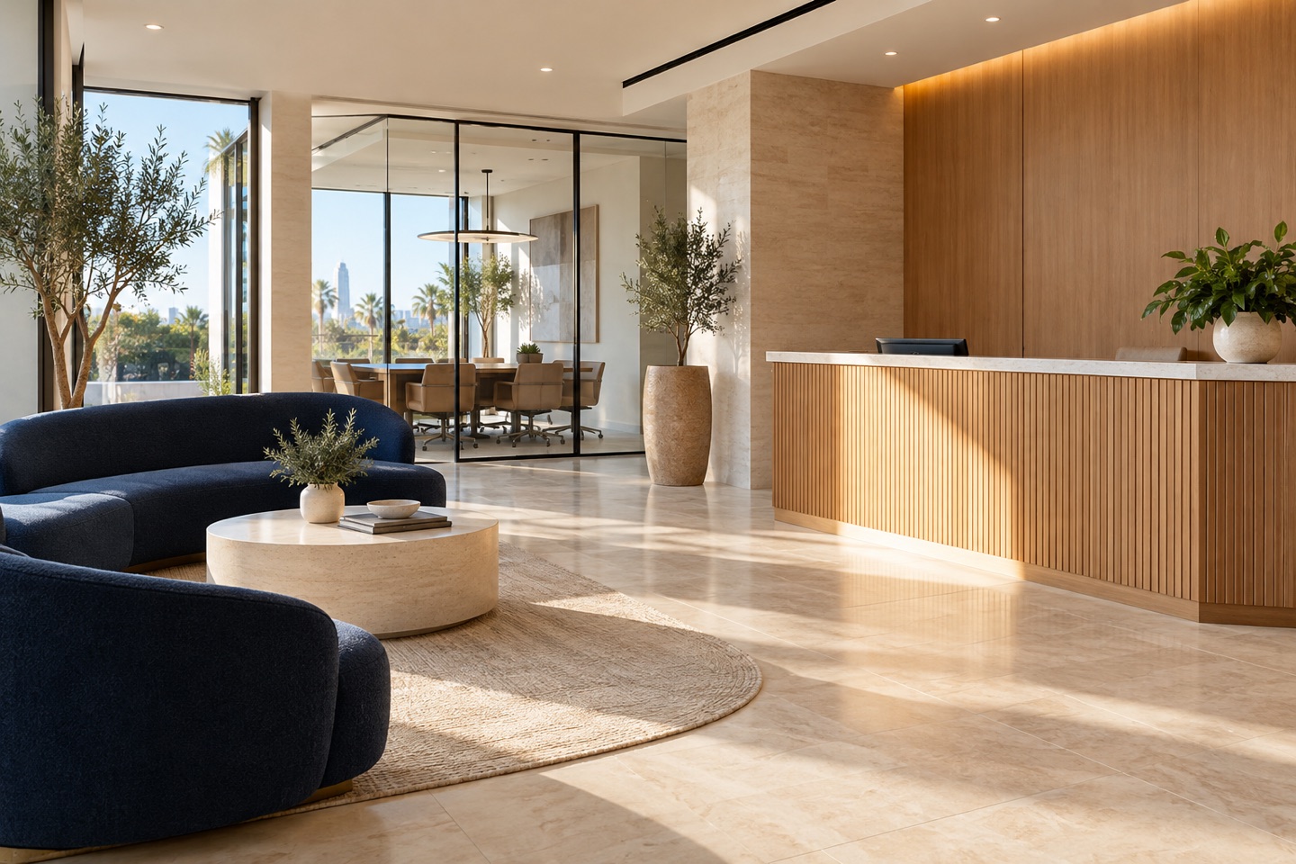 Illustrative office reception with warm wood, navy seating and daylight