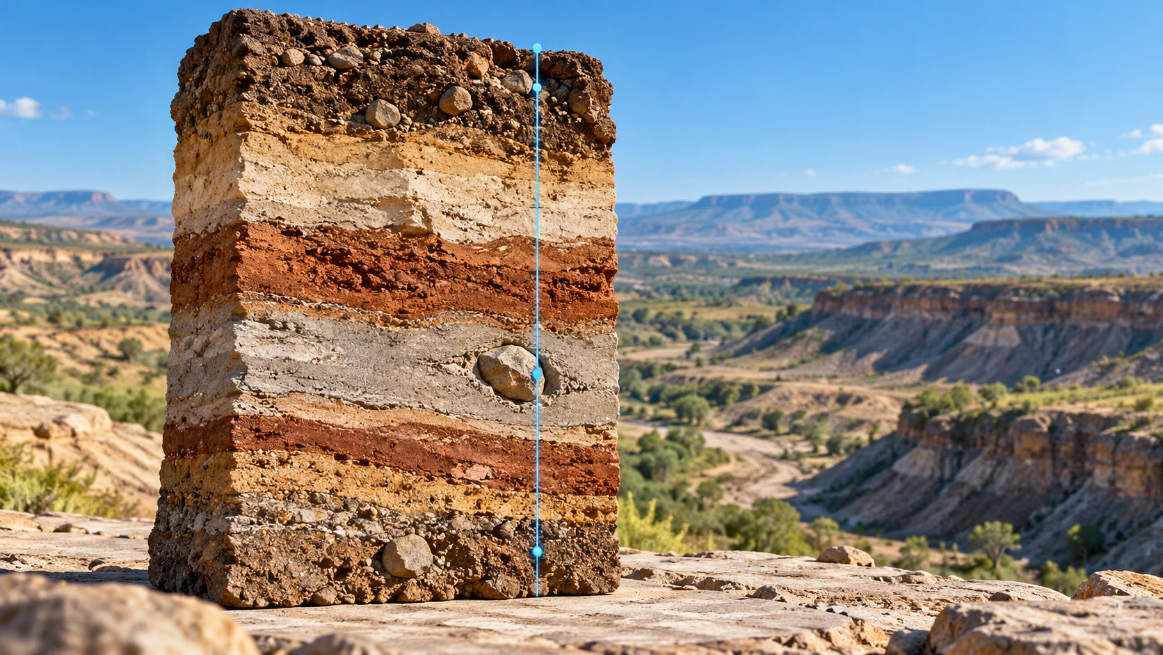 A slab of layered sediment contains a small embedded form, with a blue plumb line and distant gorge.