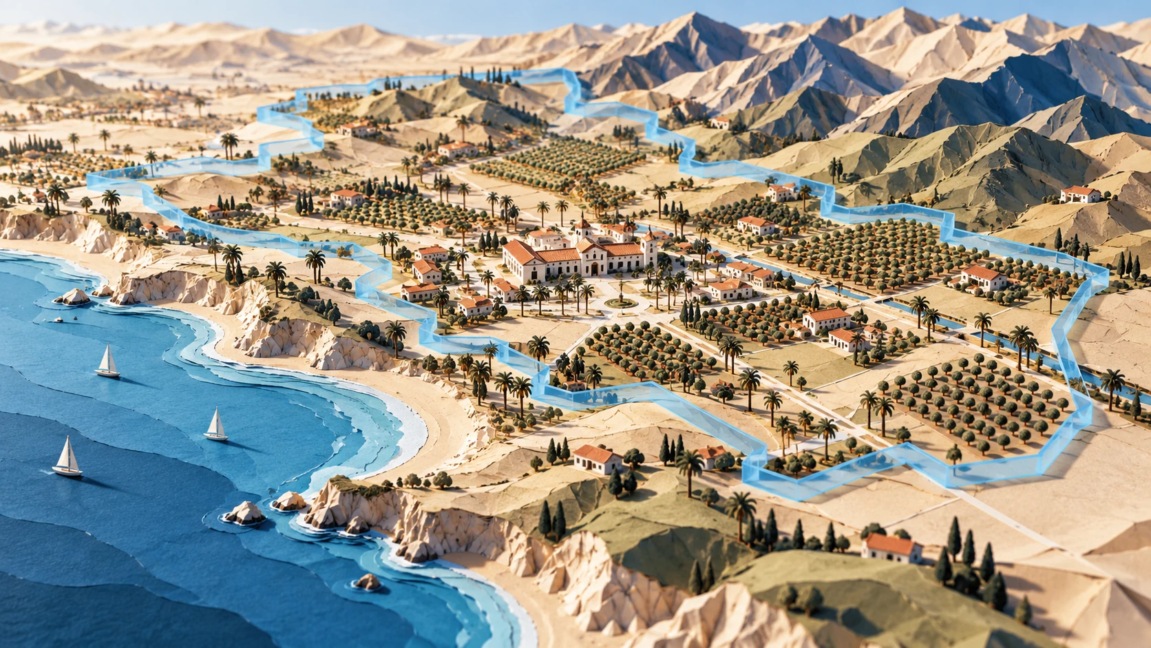 A sculptural paper landscape combines coastline, orchards, civic buildings and a translucent boundary ribbon.