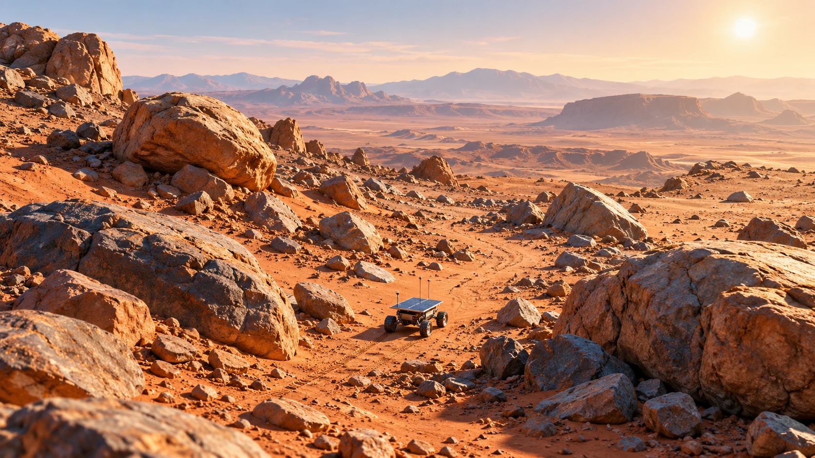 A small robotic rover follows a clear winding route between sunlit rocks on an ochre Martian landscape.