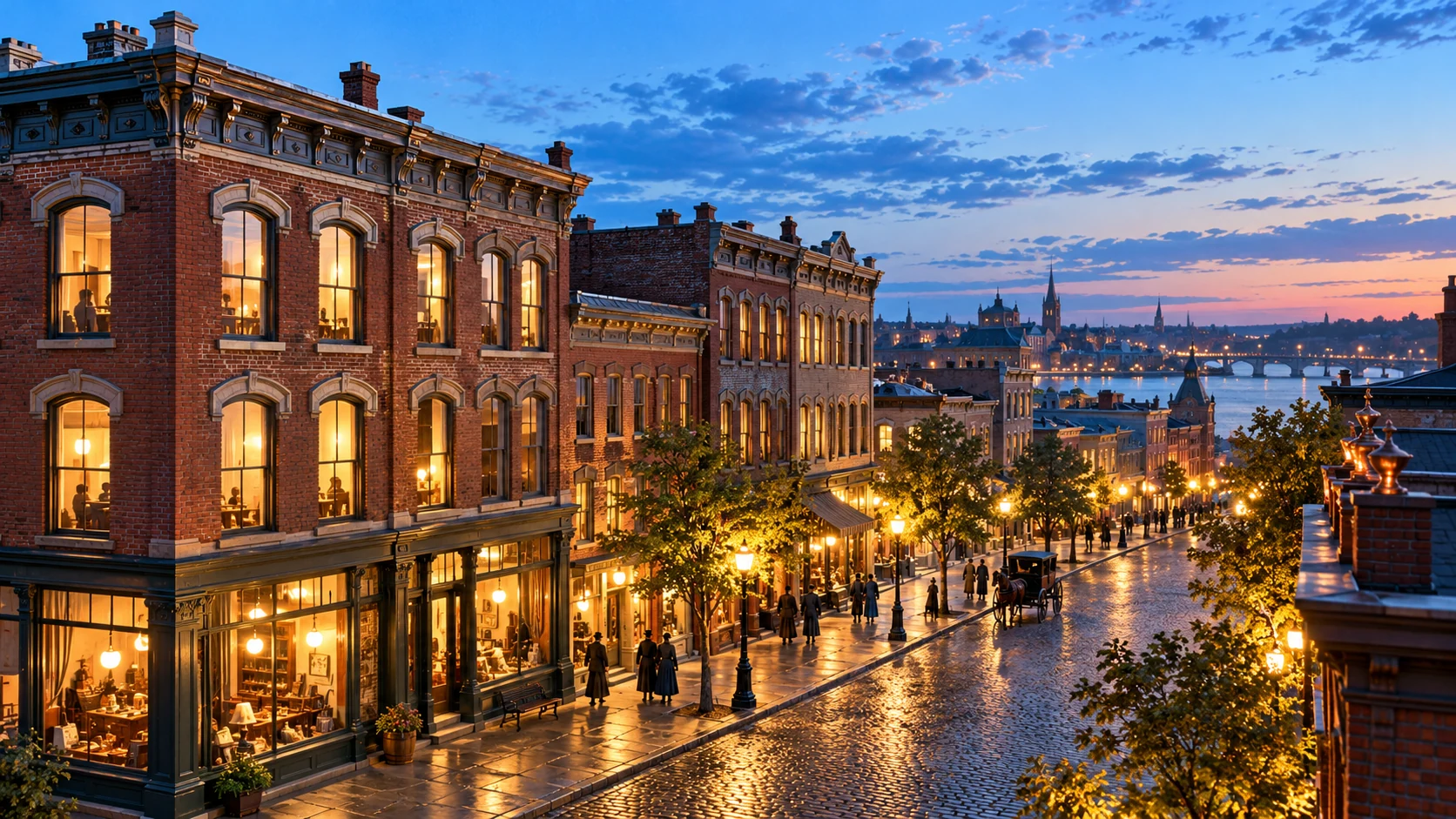 Warm-lit windows brighten a brick nineteenth-century-style city block at blue hour.