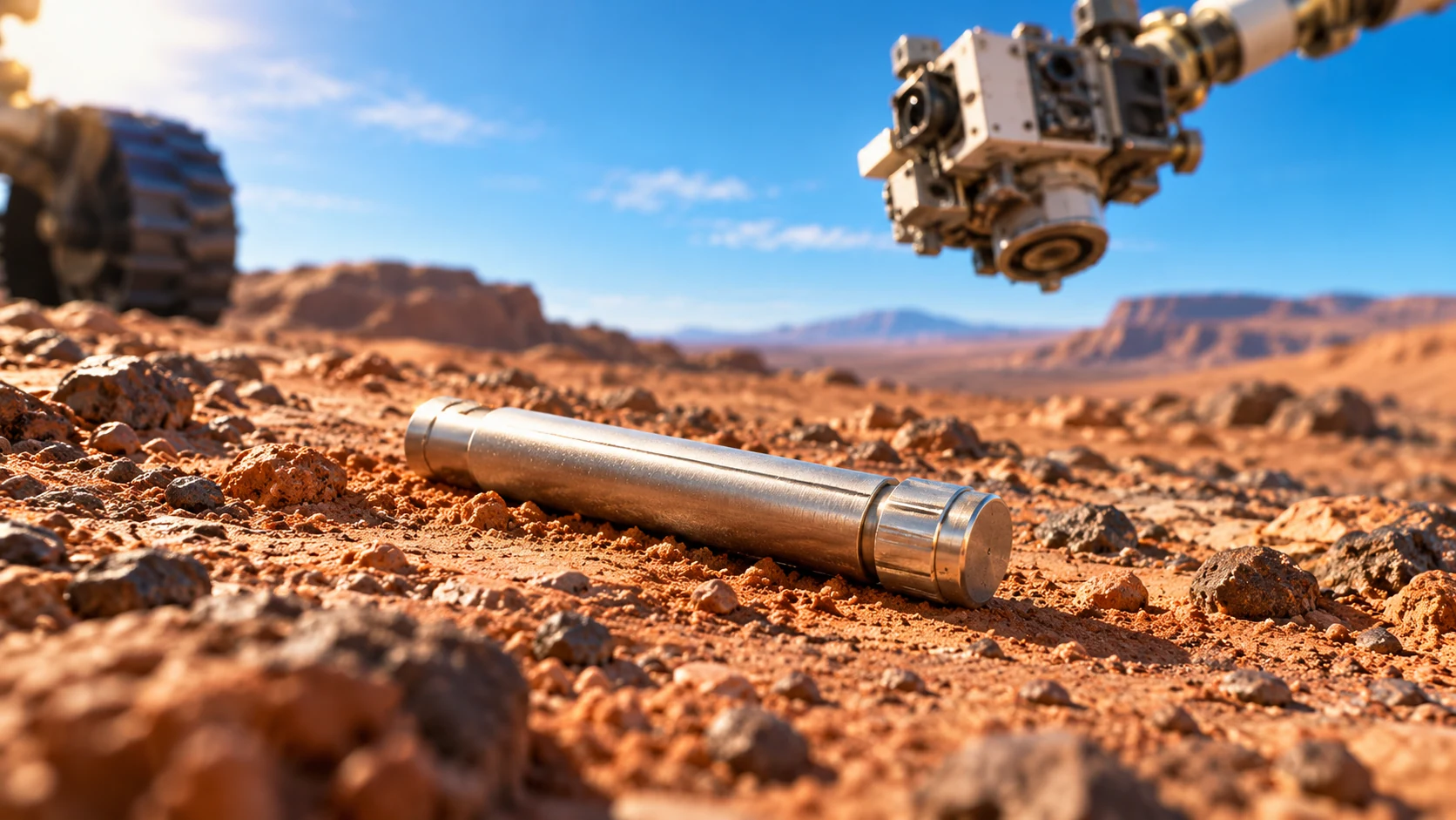 A small sealed metal sample tube rests on sunlit ochre ground while a rover arm is softly blurred behind it.