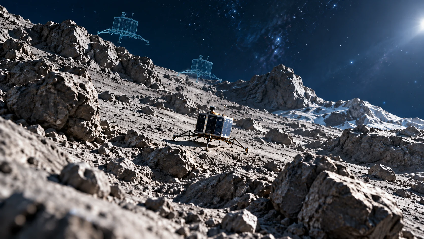 A small three-legged lander sits on uneven comet terrain, with two faint earlier positions suggesting a bouncing arrival.