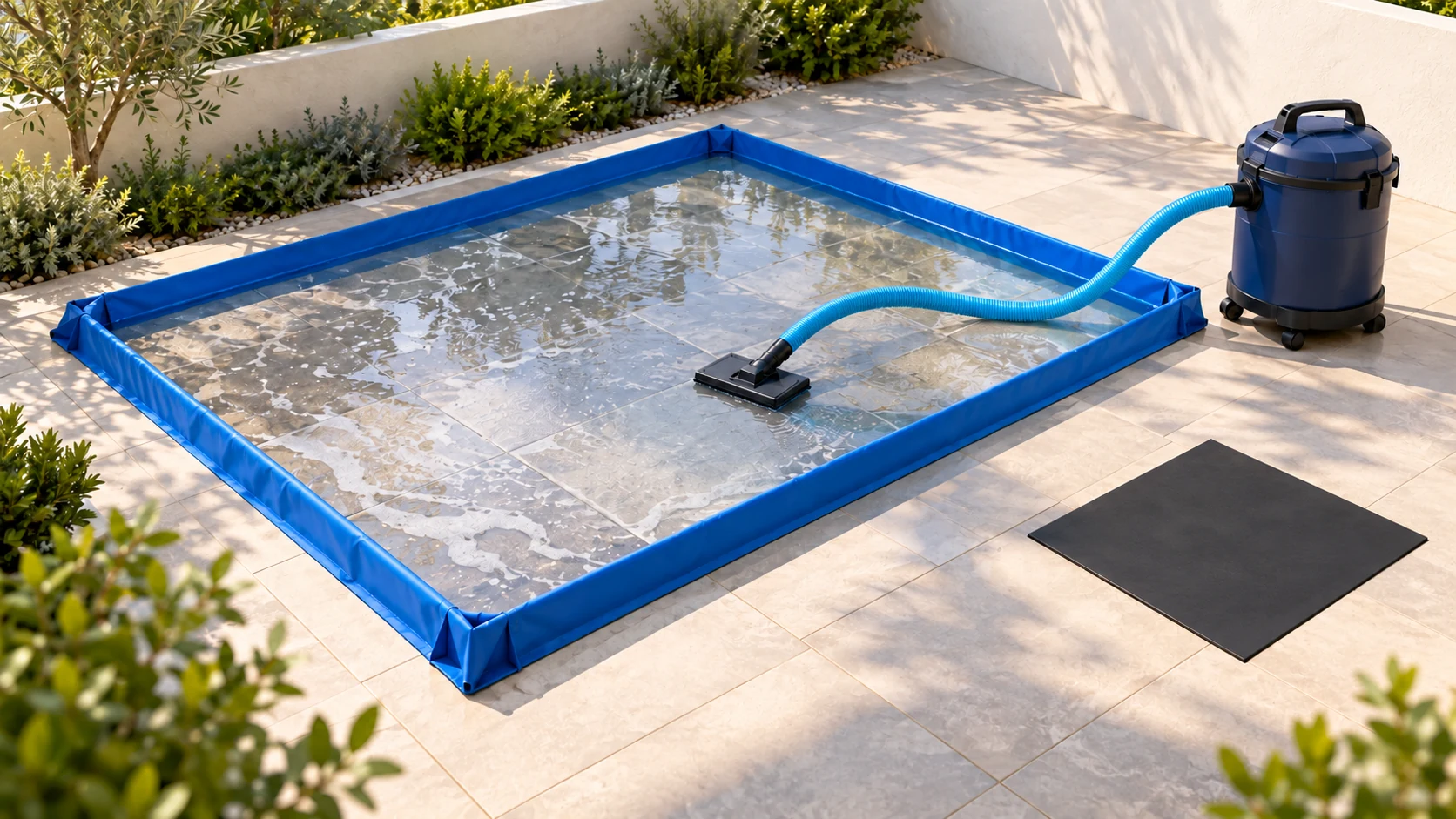 Patio wash-water containment with a recovery hose and a covered dry drain.