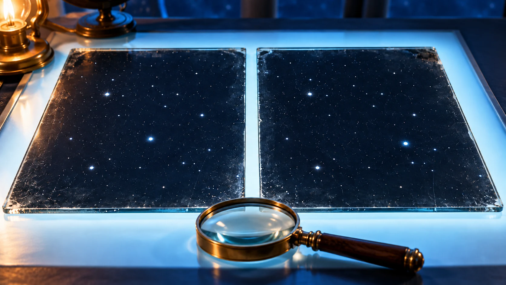 Two schematic glass star plates lie side by side on a blue viewing table, with a brass magnifier below.
