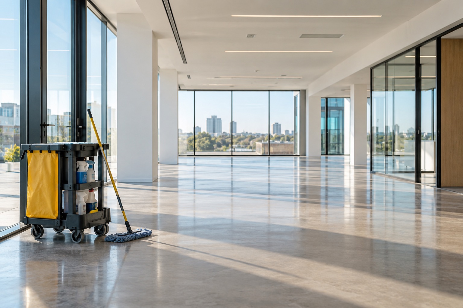 Completed commercial interior with cleaning equipment