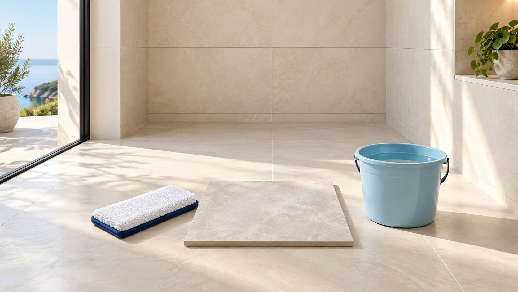 A porcelain tile sample, unused soft pad and cyan rinse bucket sit in a bright newly tiled alcove.