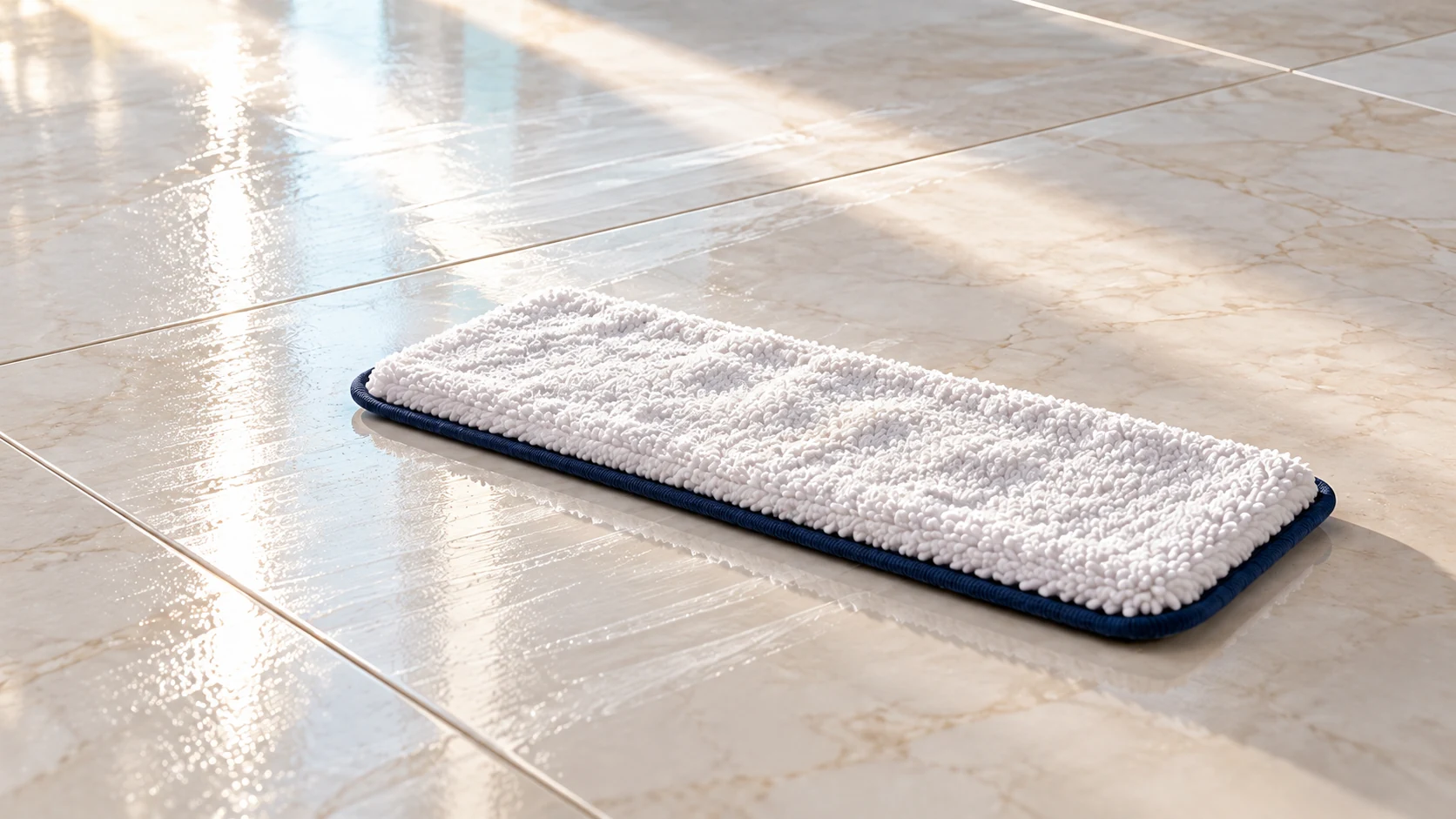 A detached microfiber cleaning pad rests on satin porcelain with a faint surface film visible in grazing daylight.