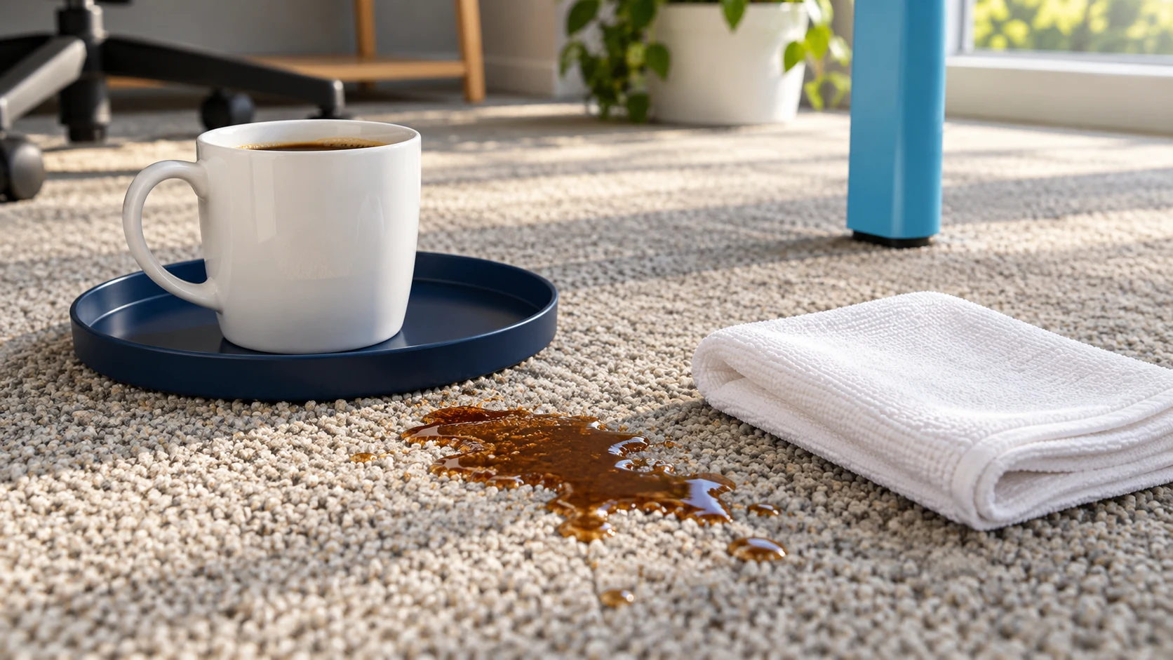 Small coffee spill beside a white absorbent cloth and an upright cup on office carpet.