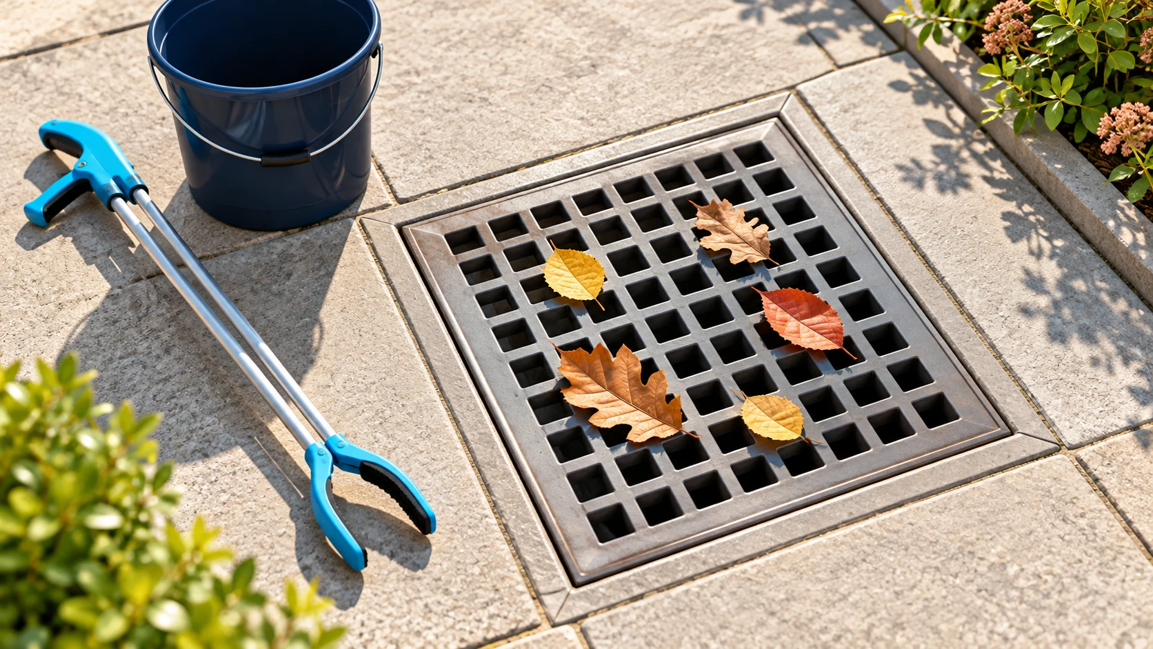 Dry leaves on a flush ground-level drain grate with cyan-handled litter tongs nearby.