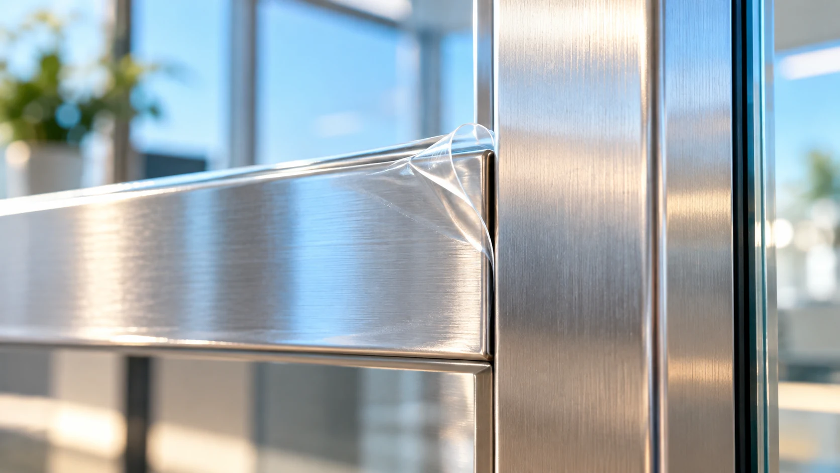 Small curled tab of translucent protective film on brushed-metal fixture trim.