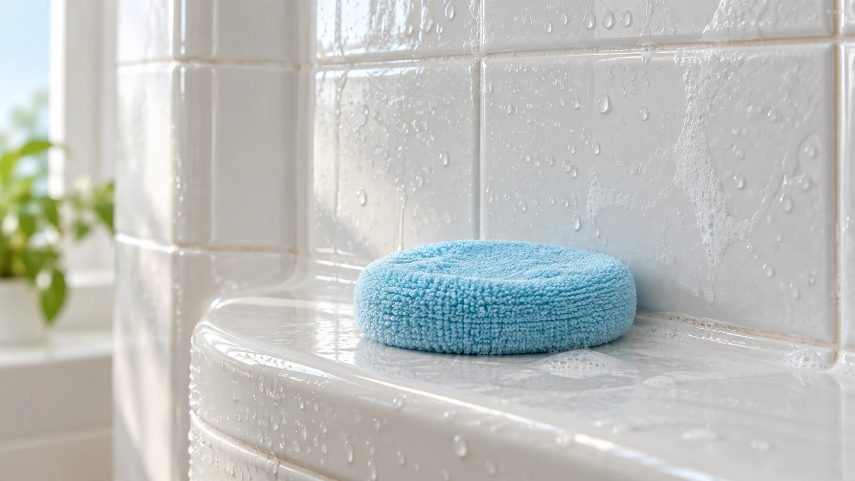 Water beads and a faint film catch the light on white shower tile beside a soft cyan cleaning pad.