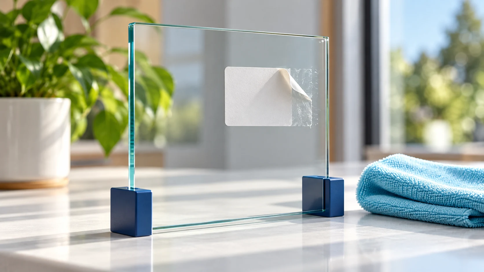 Blank paper label partly peeled from a freestanding glass sample beside a cyan cloth.