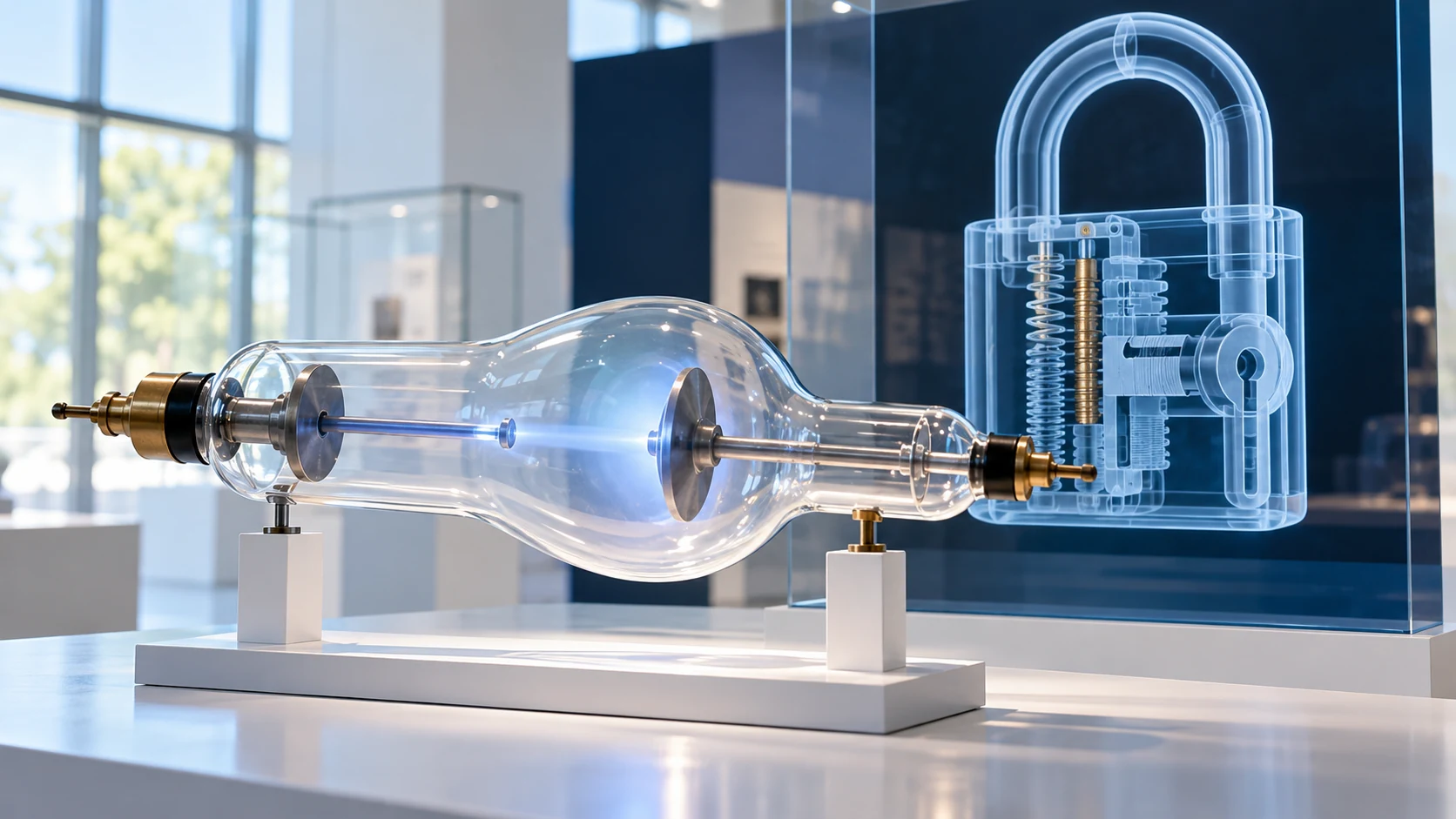 A glass vacuum-tube-inspired object sits before an transparent view of a mechanical lock.