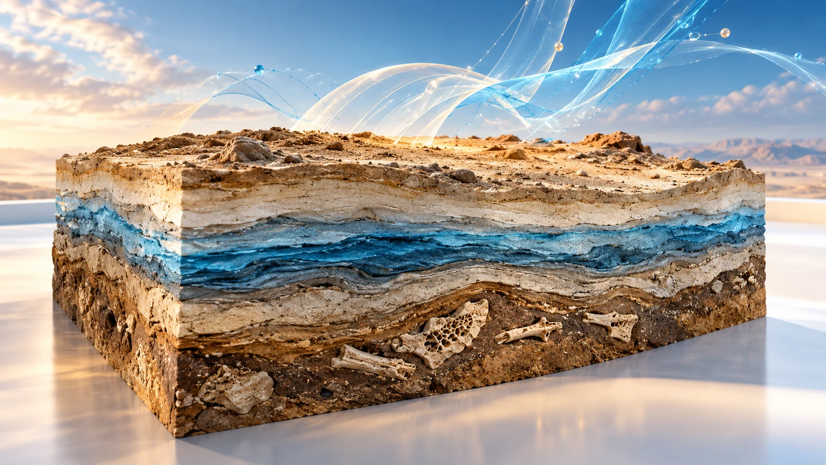 A layered sediment model holds small pale fragments beneath translucent branching ribbons.