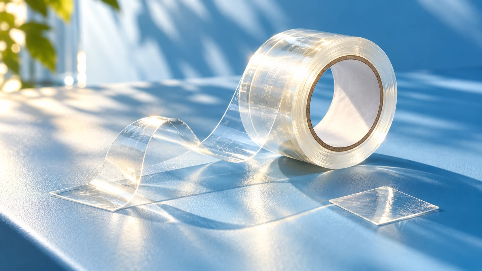 A clear tape roll and curling transparent strip rest on a pale-blue surface beside a small transparent sample square.