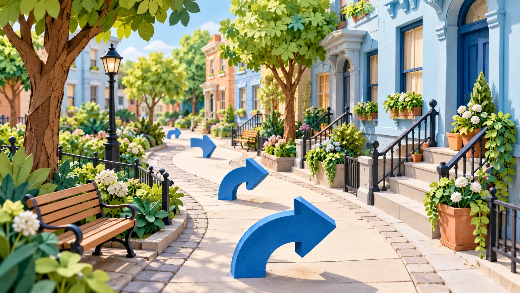 A friendly paper-model neighborhood uses a curved path and blue arrow shapes to guide the eye between inviting buildings.
