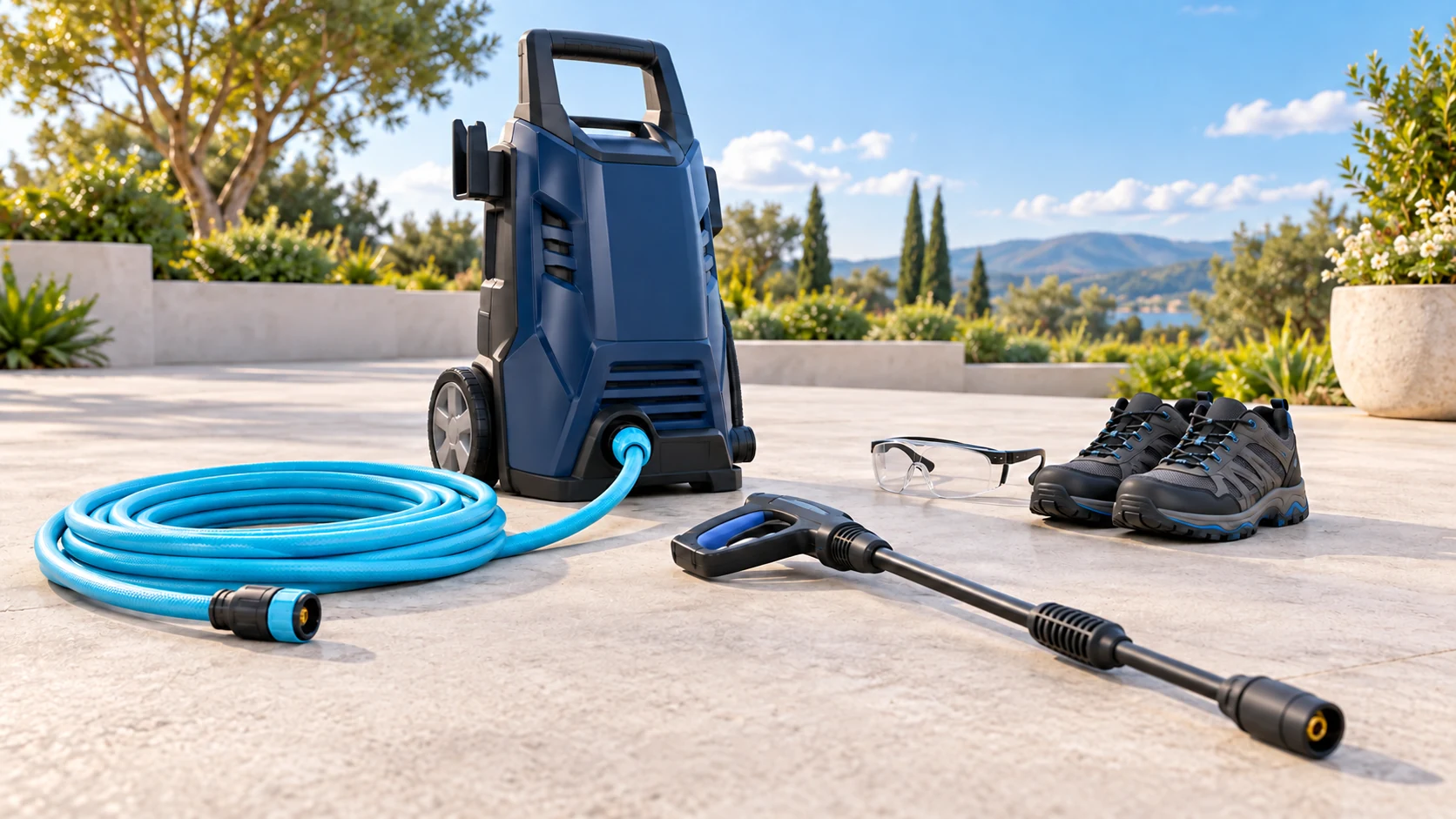 Pressure washer, detached wand, coiled hose and protective equipment on a dry outdoor patio.