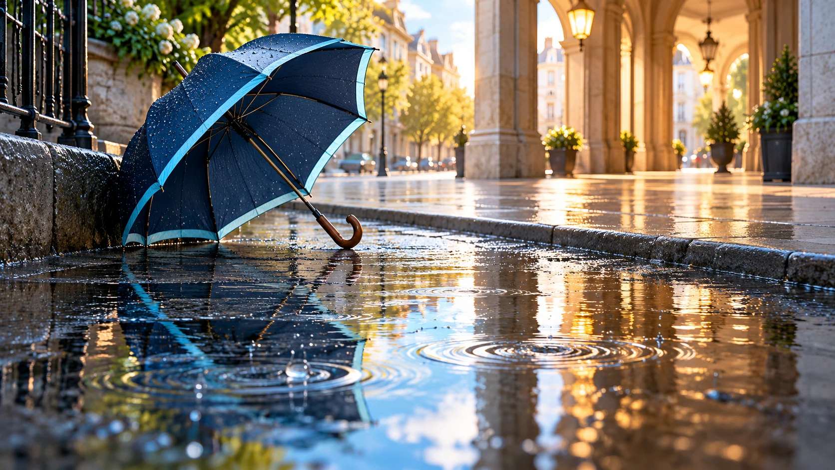 A blue umbrella rests beside rain-speckled pavement and a raised covered walkway.