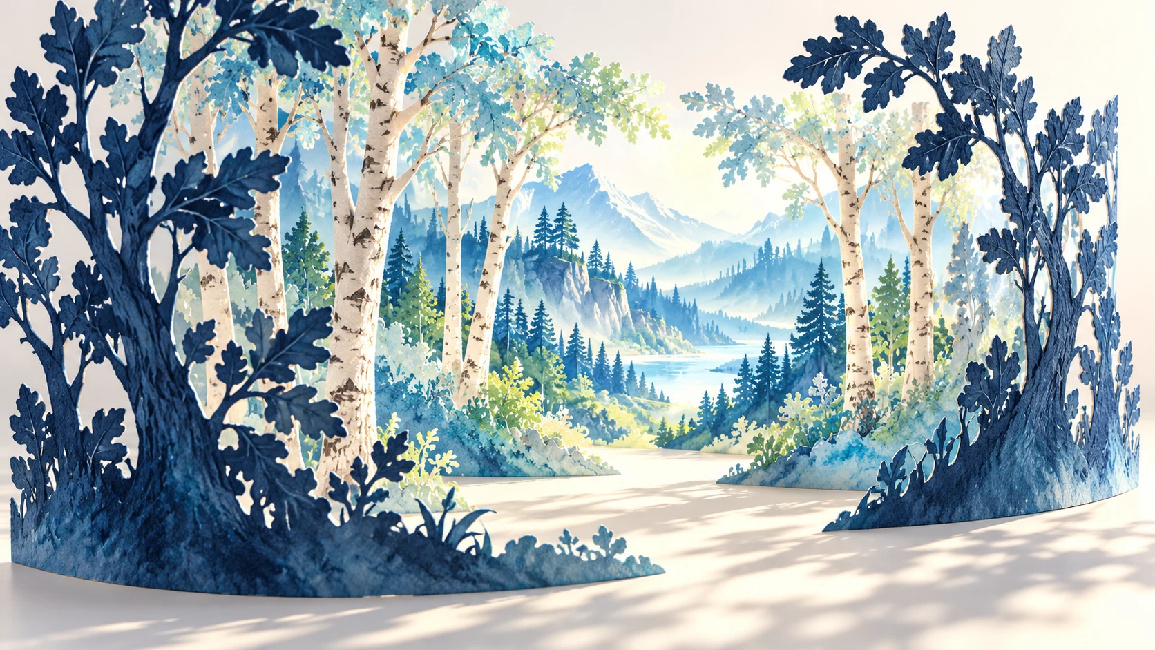 Layers of hand-painted paper trees and blue hills align into a dimensional forest sculpture.