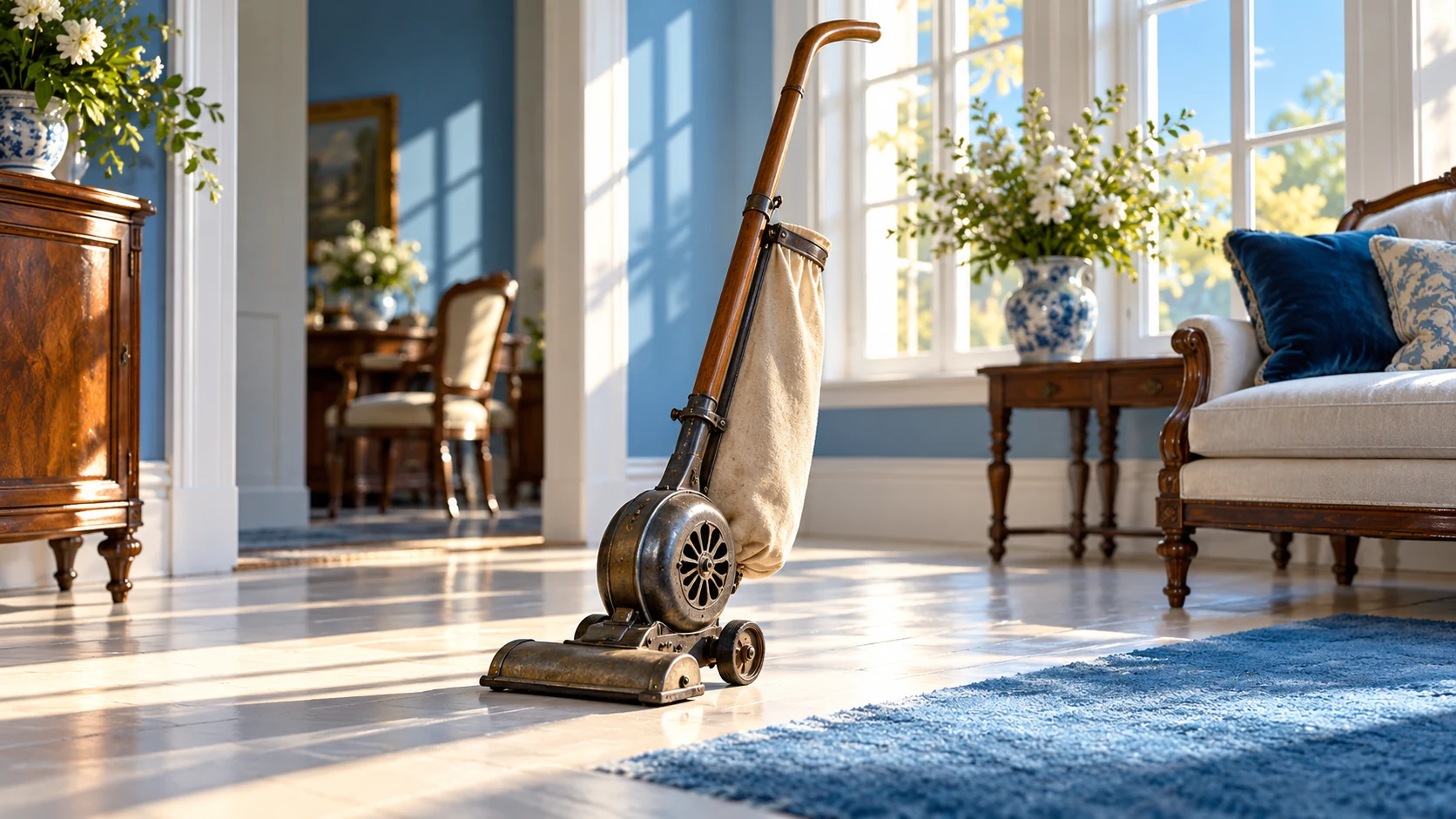 A historically inspired upright cleaner with a wooden handle and cloth bag stands between pale flooring and blue carpet.