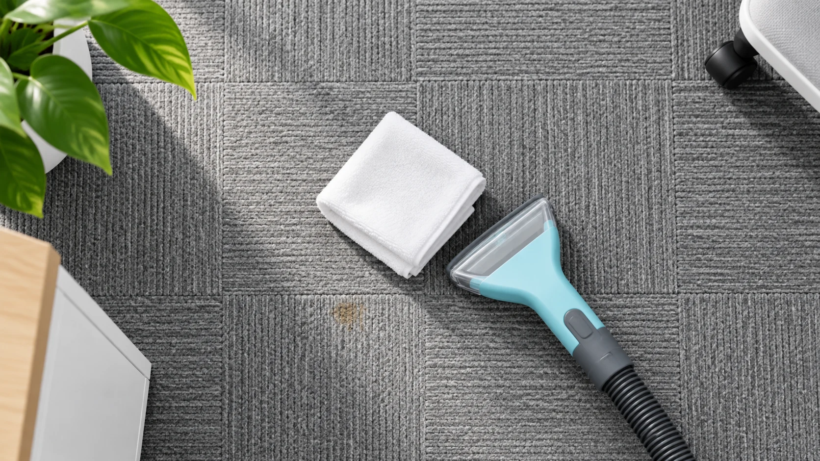 White blotting cloth and cyan upholstery tool on a grid of gray carpet tiles.