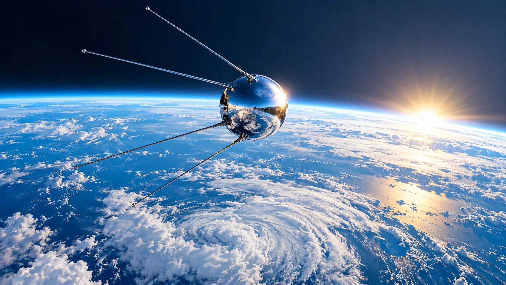 A polished spherical satellite with four antennae floats above a luminous blue-and-white Earth horizon.