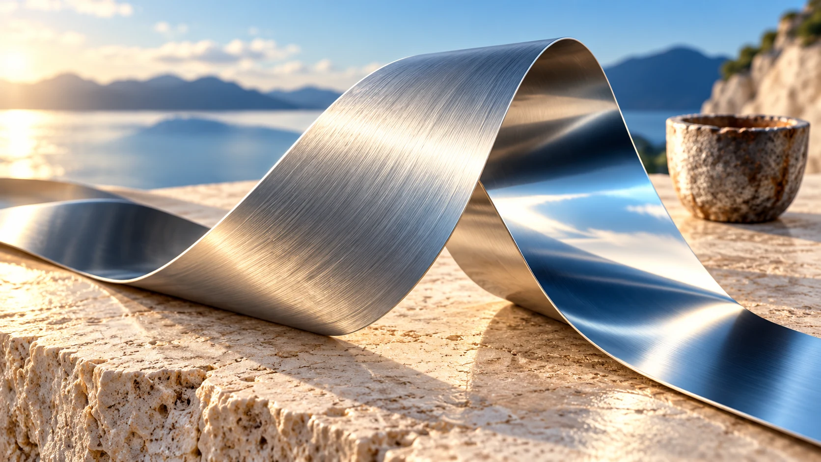 A curled stainless-steel ribbon reveals fine brushed grain beside a softly focused ceramic crucible.