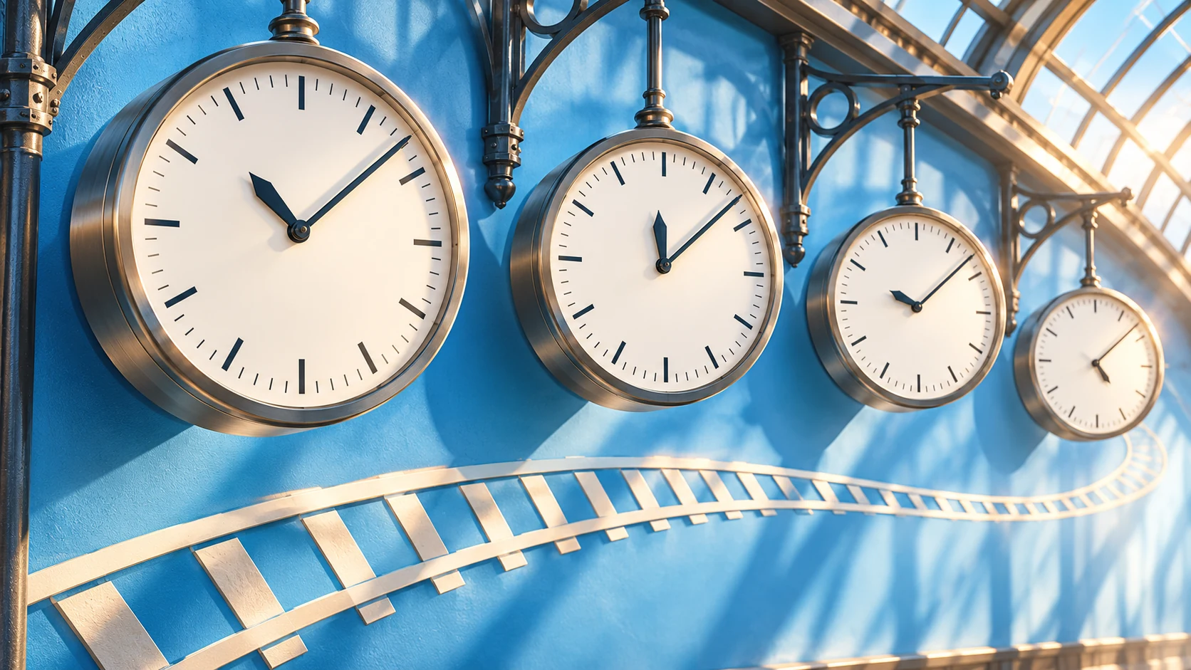 Four white-faced station clocks hang above a curved line, their minute hands aligned and hour hands offset.