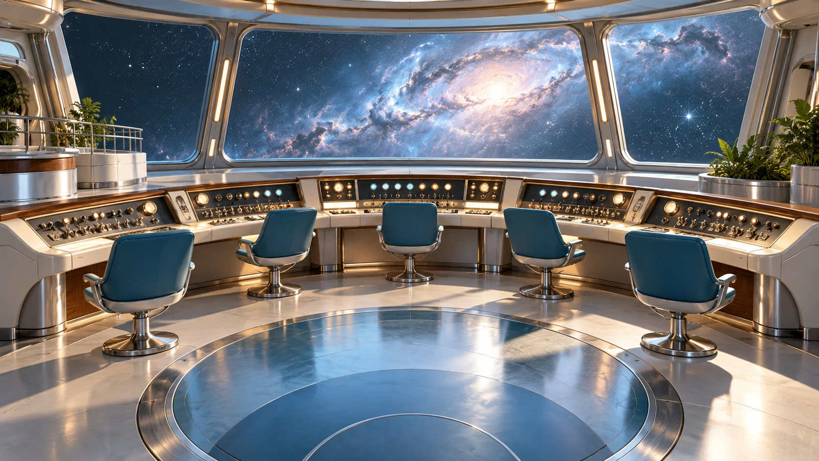 Five blue chairs surround a curved retro-futurist control console facing a broad space-view window.
