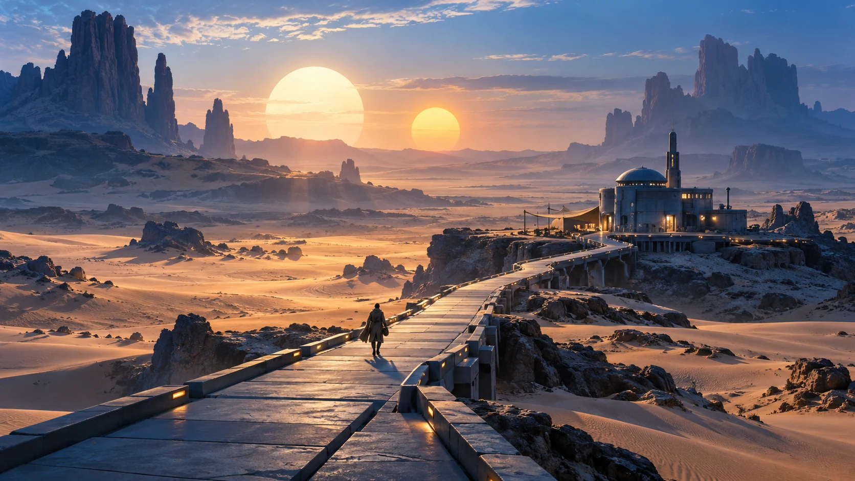 A science-fiction desert with two suns and a traveler following a raised route to a distant outpost.