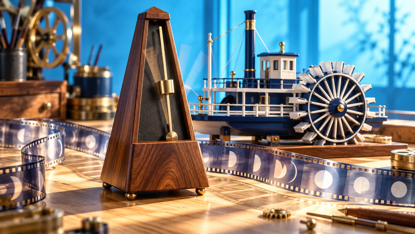 An unmarked wooden metronome stands beside a miniature paddlewheel and a curling strip of film.