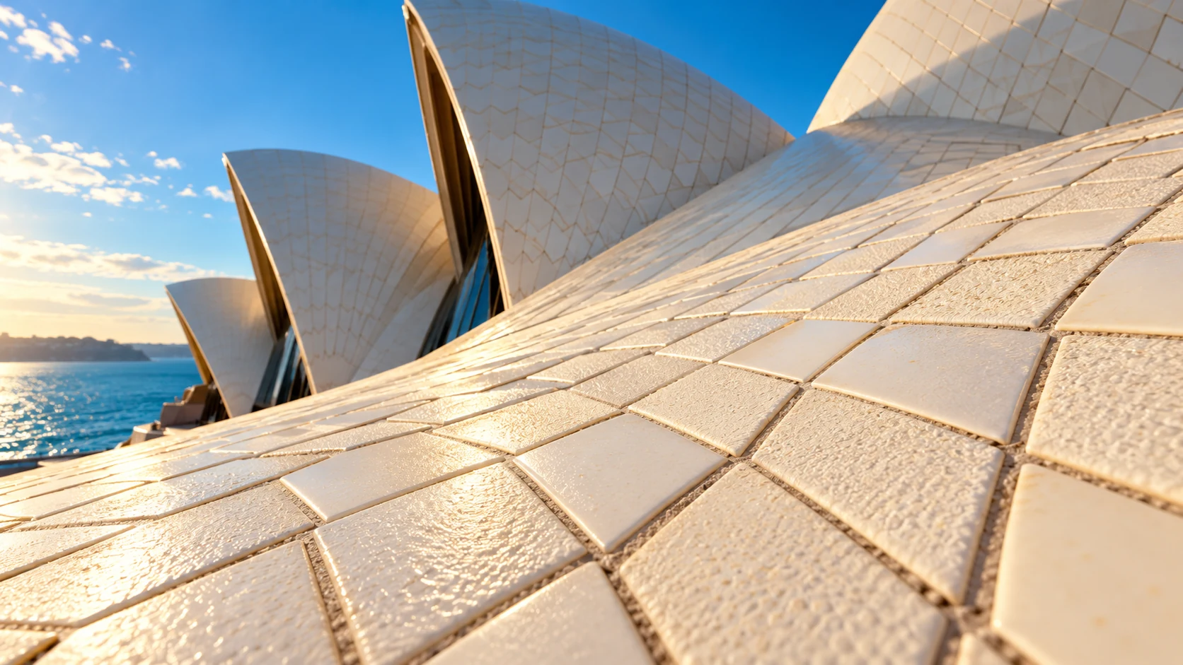 Cream ceramic tiles curve into sail-like roof forms above a bright blue harbor.