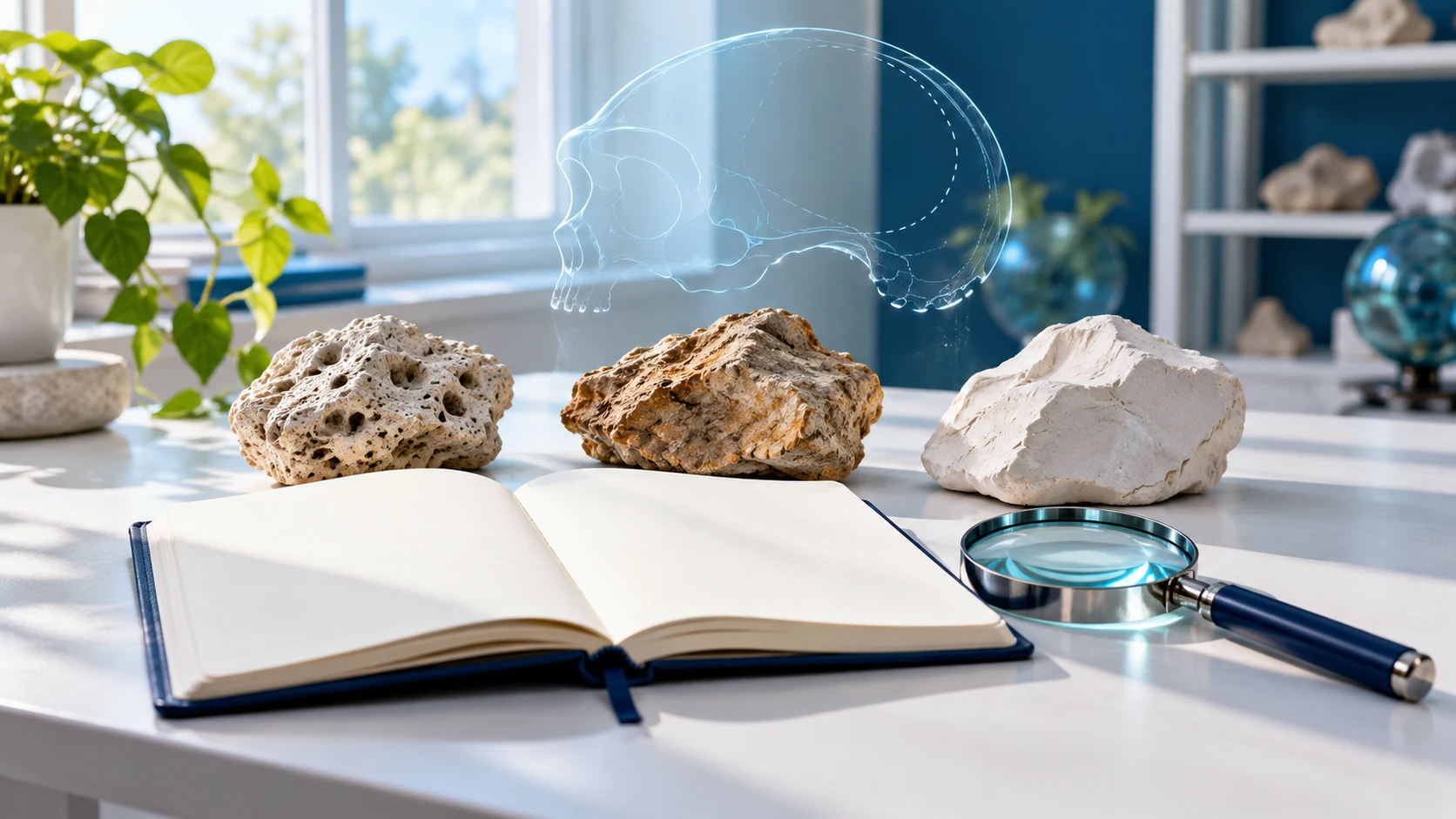 A magnifier and three pale material forms sit beside a blank notebook and an abstract cranial-outline projection.