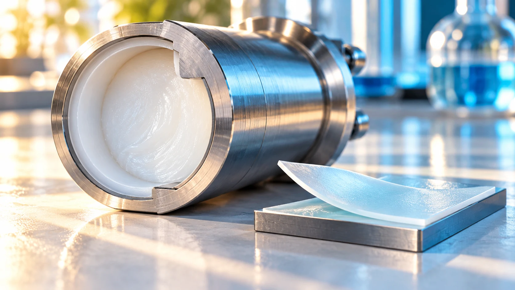 A cutaway metal cylinder reveals a white polymer core beside a coated material sample.