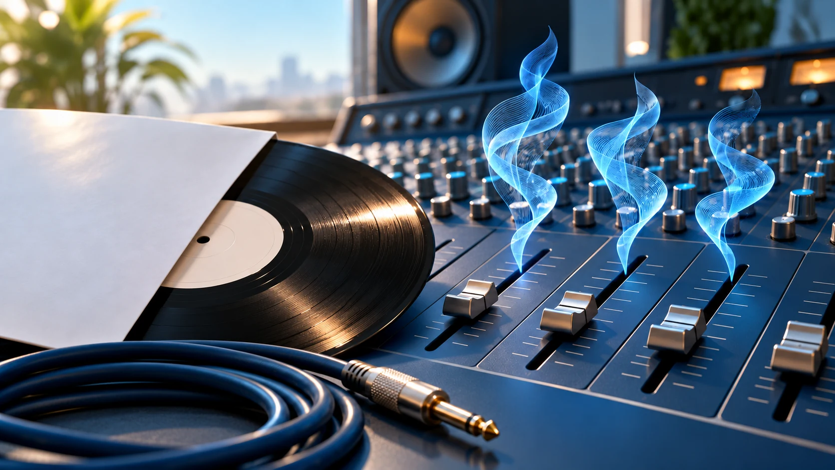 A black record, blank sleeve and analog mixing console are linked by three delicate blue waveform ribbons.
