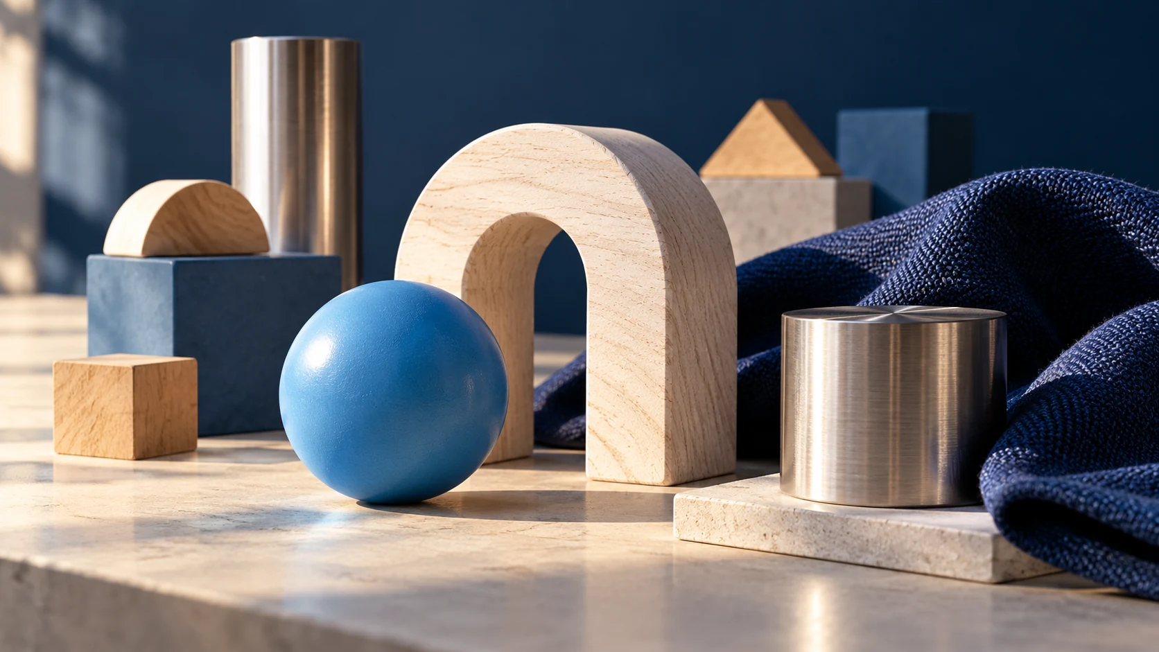 Simple geometric toys and samples reveal the contrasting textures of wood, blue plastic, metal and navy cloth.