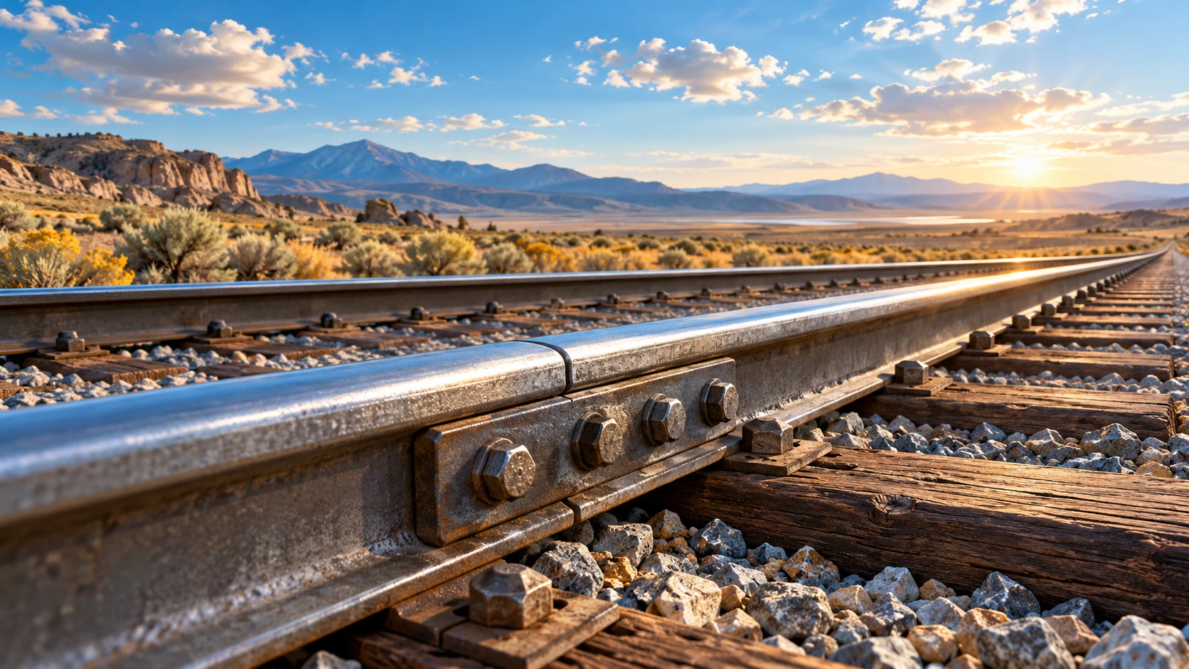 A bolted joint joins two aligned rail lengths above timber sleepers in a sunlit desert landscape.