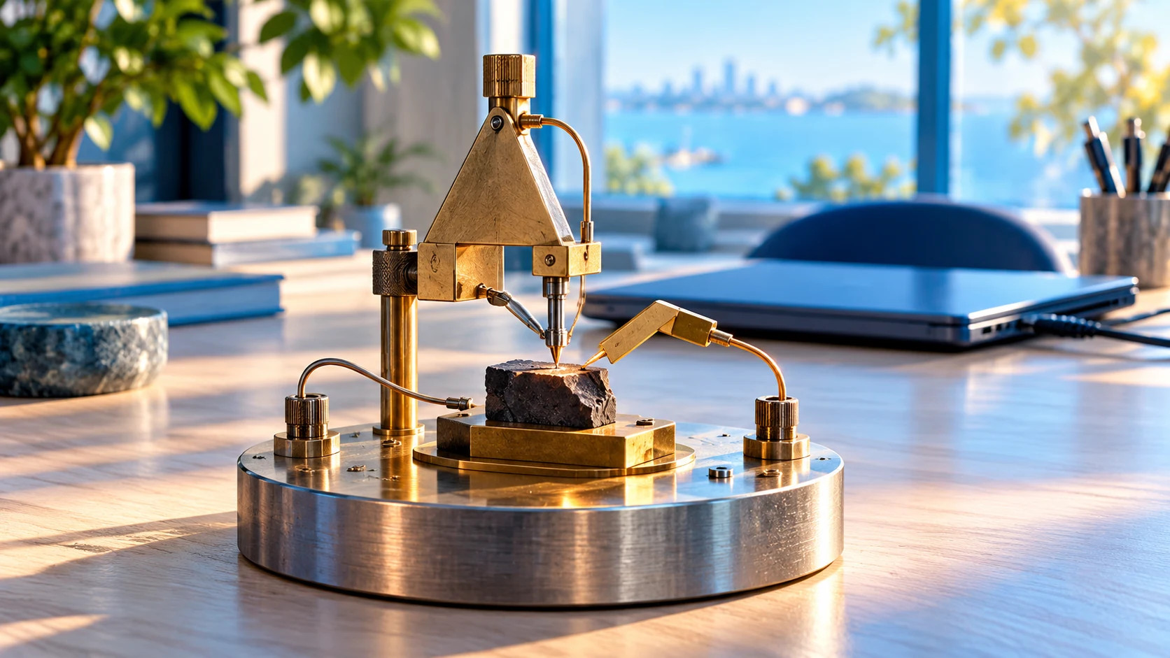 An enlarged model of a point-contact transistor sits in front of a softly focused modern desk and closed laptop.