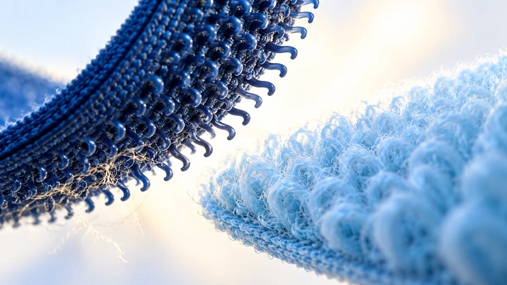 Tiny dark hooks approach a field of pale-blue textile loops, with a few light fibers caught along the edge.