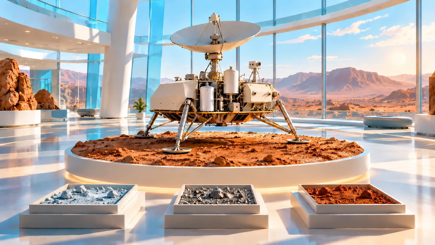 A Viking-inspired lander model stands on an ochre display plinth in a luminous gallery, with three separate unmarked sample trays.